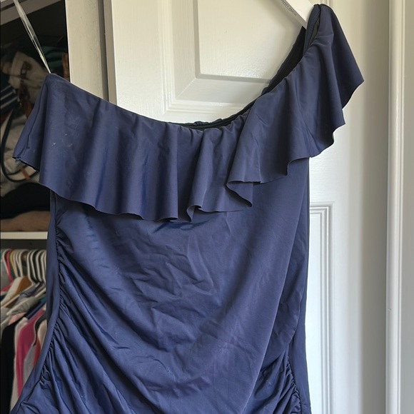 Blue One-Shoulder Ruffled One Piece - Picture 2 of 5